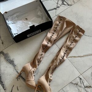 Missguided Beige Over-the-Knee Boots with Metal Accents HOT